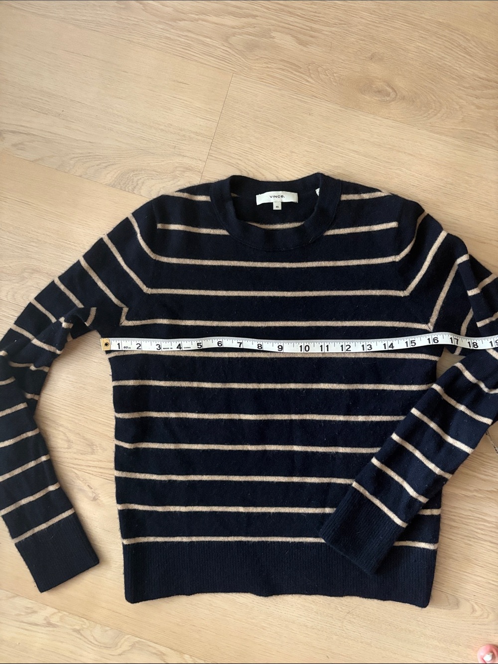 VINCE XS- cashmere Striped Overlay Crewneck Sweater - Navy and Cream - Picture 4 of 5